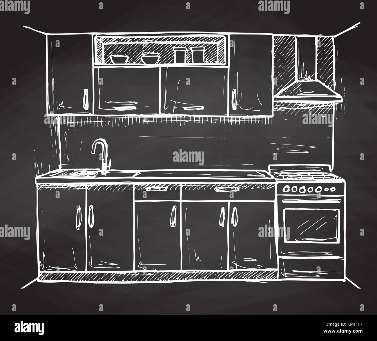 Hand drawn modern kitchen furniture. Vector illustration in sketch style Stock Vector