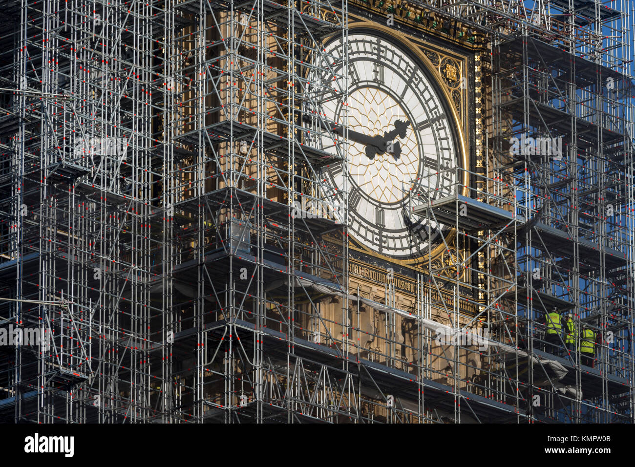 The Elizabeth Tower that holds the now silent Big Ben bell, along with the the Houses of Parliament, are covered in scaffolding,  on 1st December 2017, in Westminster, London, England. The bell will remain silent during this renovation by contractor Sir Robert McAlpine until 2021 and the estimated cost of repairing the tower and other parts of the 19th century Gothic building, has doubled to £61m, authorities have said. Stock Photo