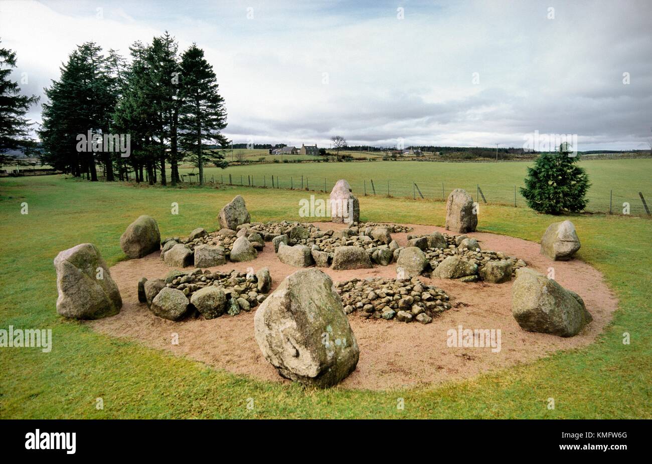 Cullerlie prehistoric stone circle encloses eight cremation burial cairns. Bronze Age. Near Garlogie, Aberdeen, Scotland, UK Stock Photo