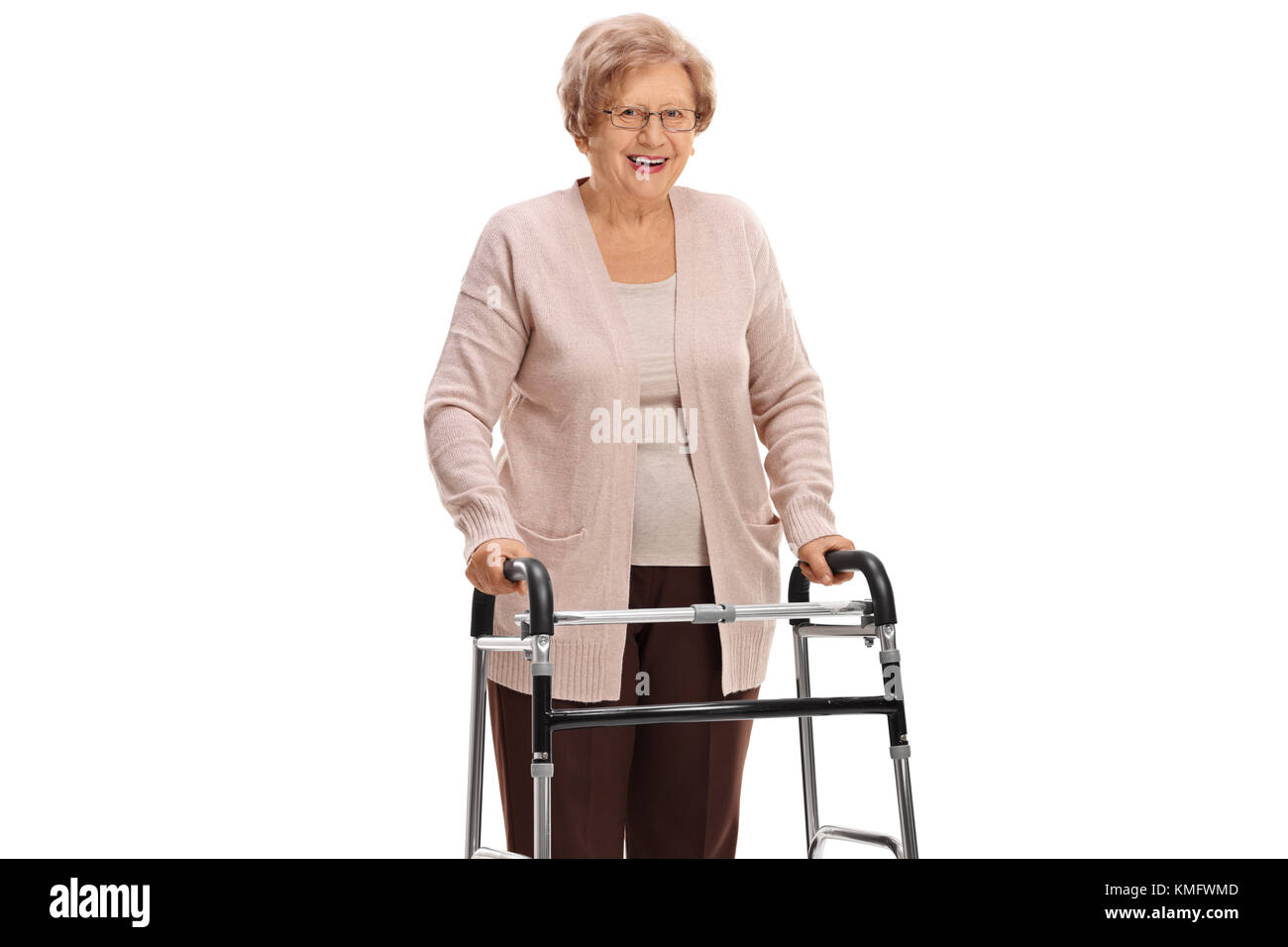 Mature woman with a walker isolated on white background Stock Photo - Alamy
