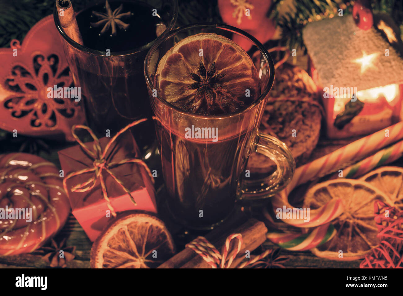 Christmas or New Year mulled wine in the evening Stock Photo