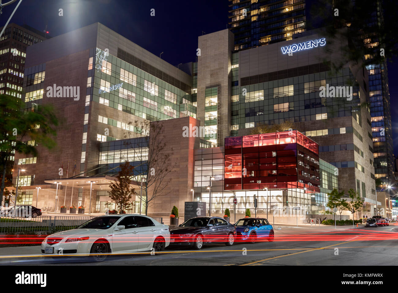 Toronto, Canada - Oct 19, 2017: The Women's College Hospital and medical centre in the city of Toronto at night. Province of Ontario, Canada Stock Photo