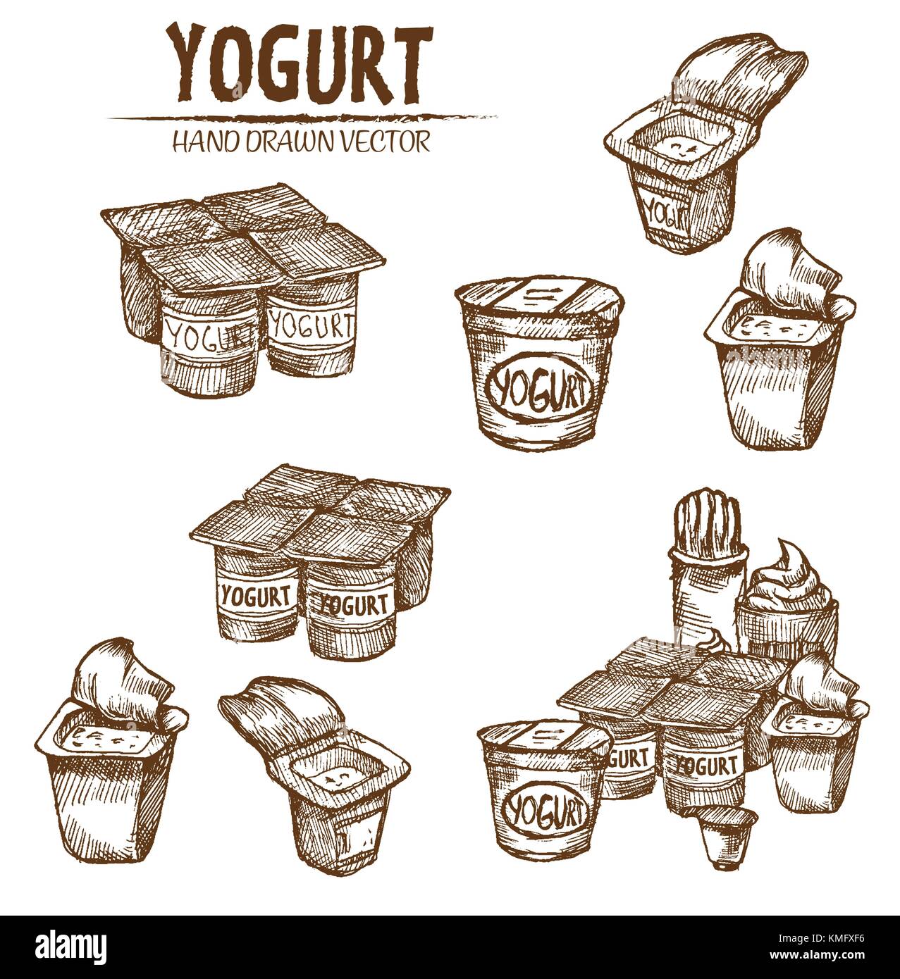 Digital vector detailed line art packed yogurt hand drawn retro illustration collection set