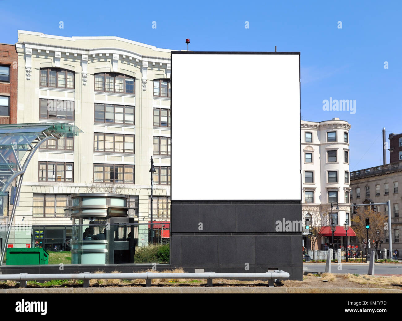 Square billboard in the city, blank template. Smaller than bulletin board, larger than poster. High impact outdoor advertising. Stock Photo