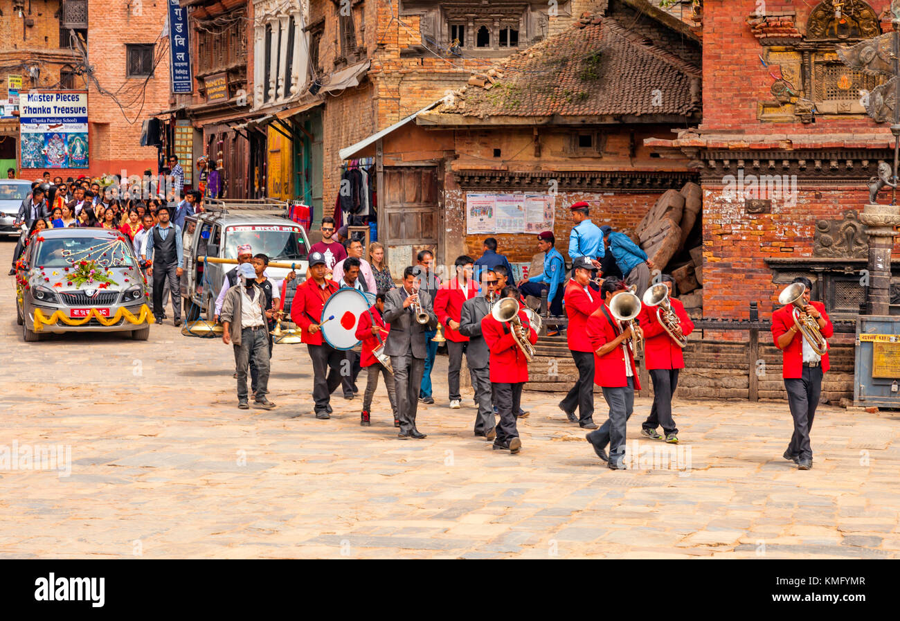 Wedding parade with musical brass-band  and on the street of Paten in Nepal, near Kathmandu,Nepal Stock Photo