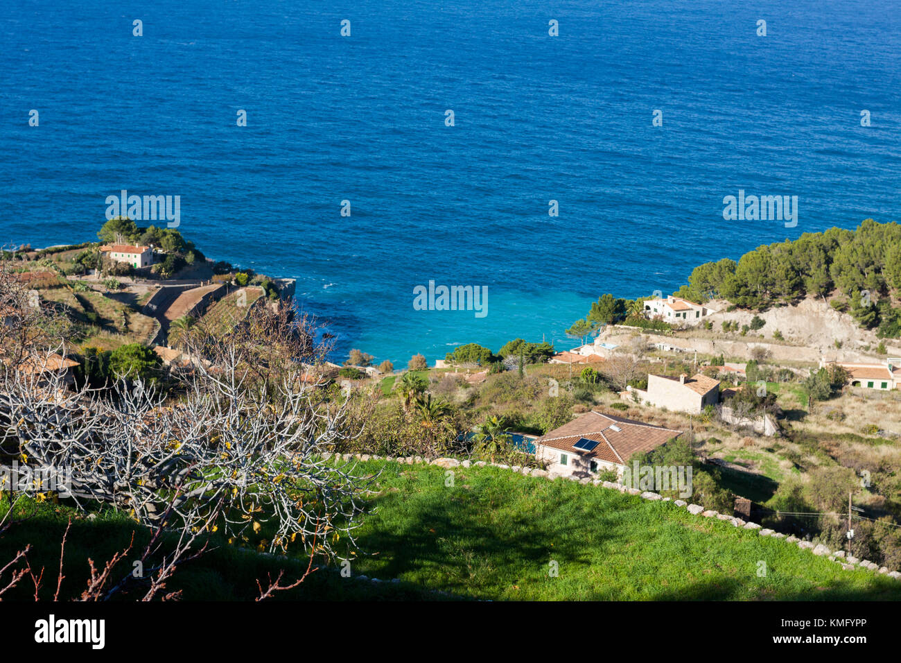 Panoramic view of Banyalbufar bay and vineyard terraces, Majorca, Spain Stock Photo