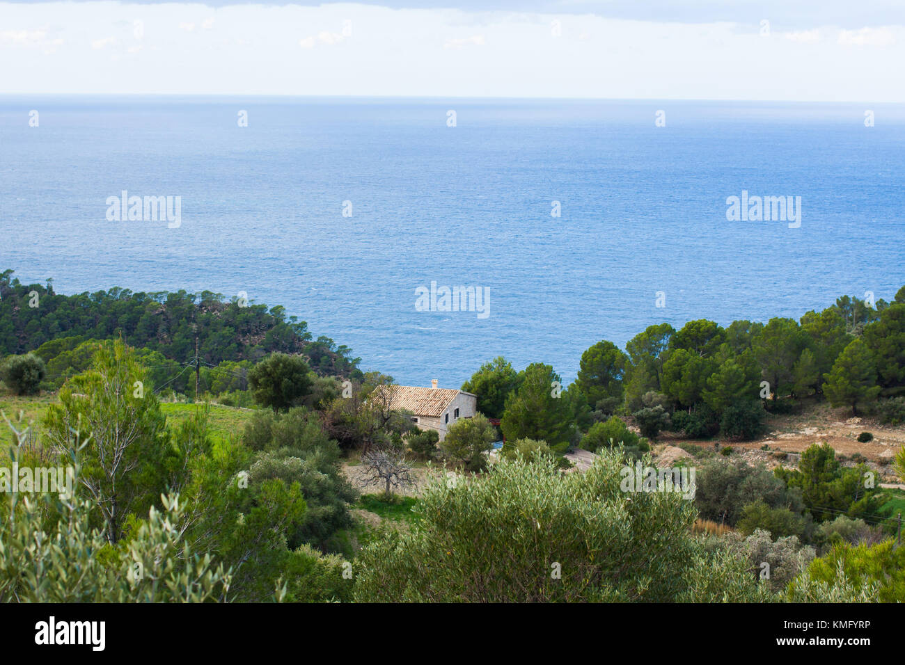 Standalone house with a seaview near Estellencs, Majorca, Spain Stock Photo