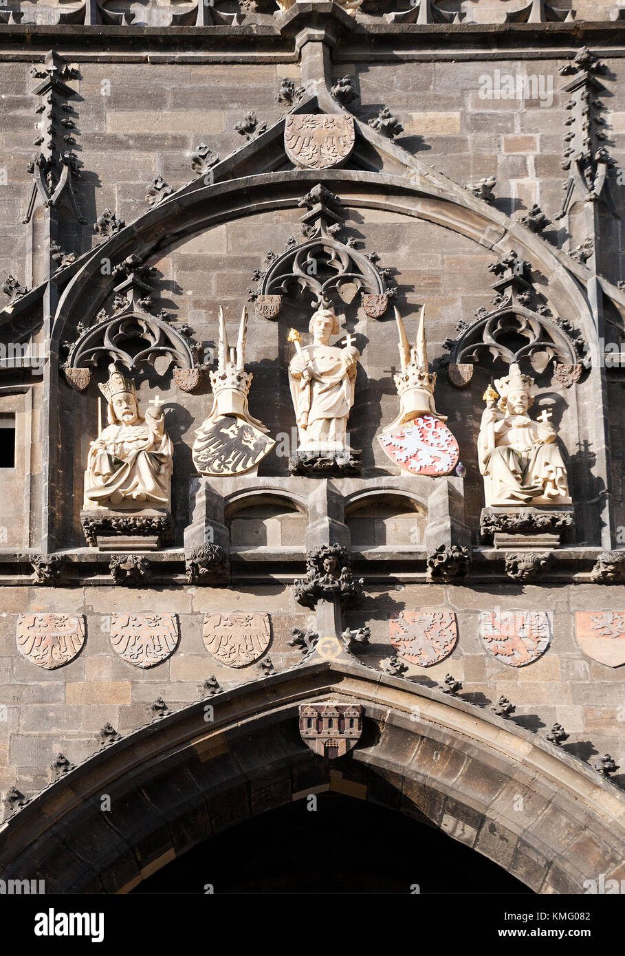 Charles IV. statue (left, St. Vitus and Wenceslas IV:) on Old town Charles bridge tower, Prague, Czech republic - Charles IV. (26 August 1346 – 29 Nov Stock Photo