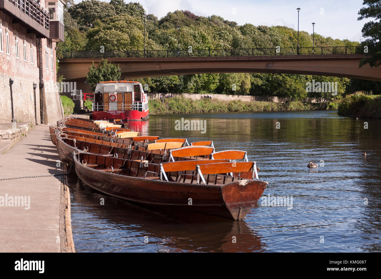 Pleasure cruiser, and rowing boats moored up on the bank side on the river Wear at Durham City in County Durham, North East England. Stock Photo