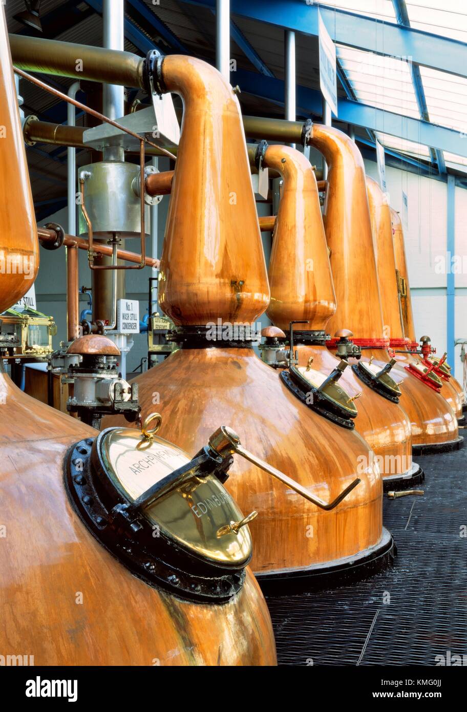 Laphroaig single malt whisky distillery, Isle of Islay, Scotland, UK. Traditional copper pot stills Stock Photo