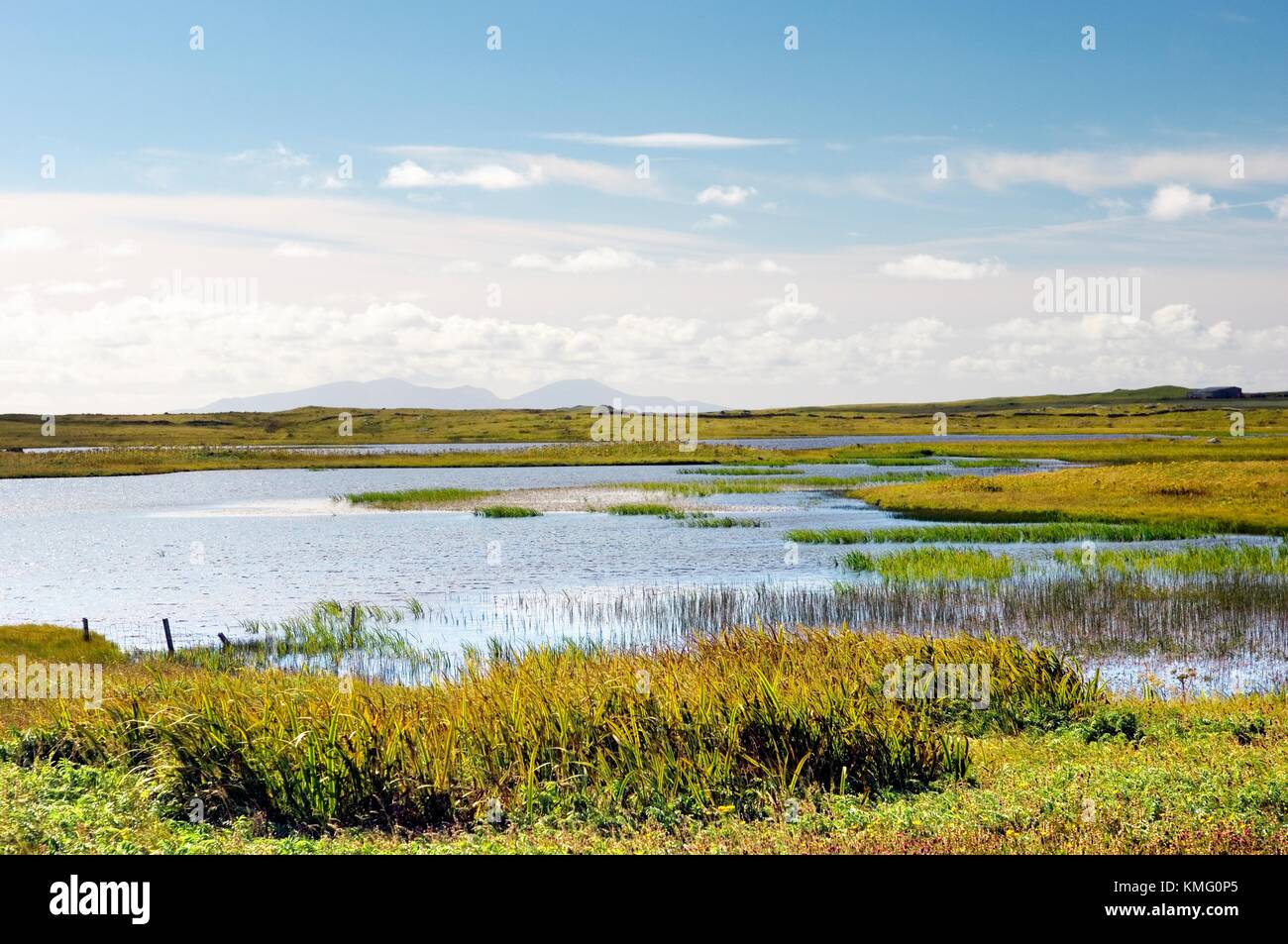 North Uist, Outer Hebrides, Scotland. South over reed pools of Loch nam Feithean at Hougharry on the islands west coast Stock Photo