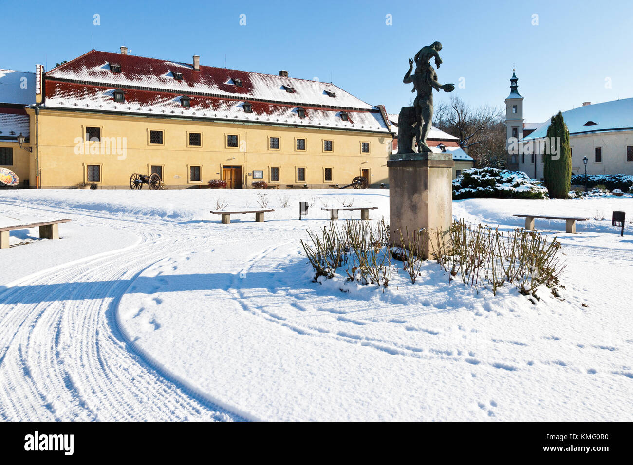 former water castle, town Roztoky near Prague, Czech republic - museum and town gallery in winter with snow Stock Photo