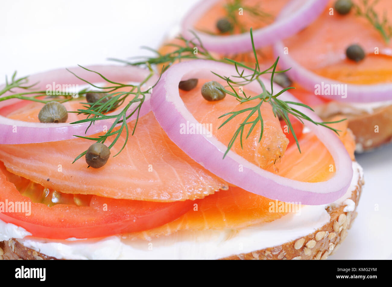 Bagel and Lox. Smoked salmon, cream cheese, tomato, red onion, capers