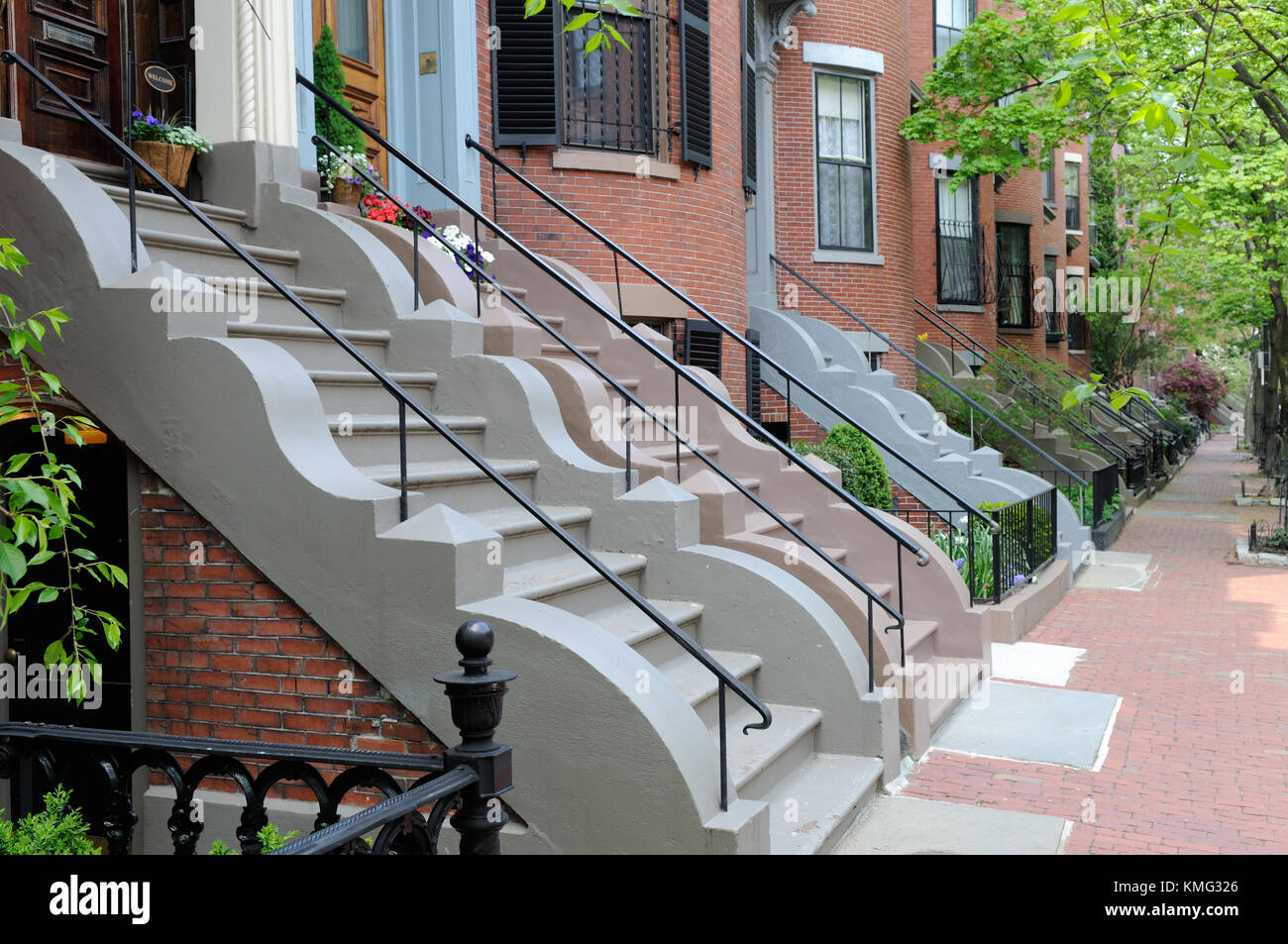 Beautiful entrance steps of South End bowfront apartments in Boston