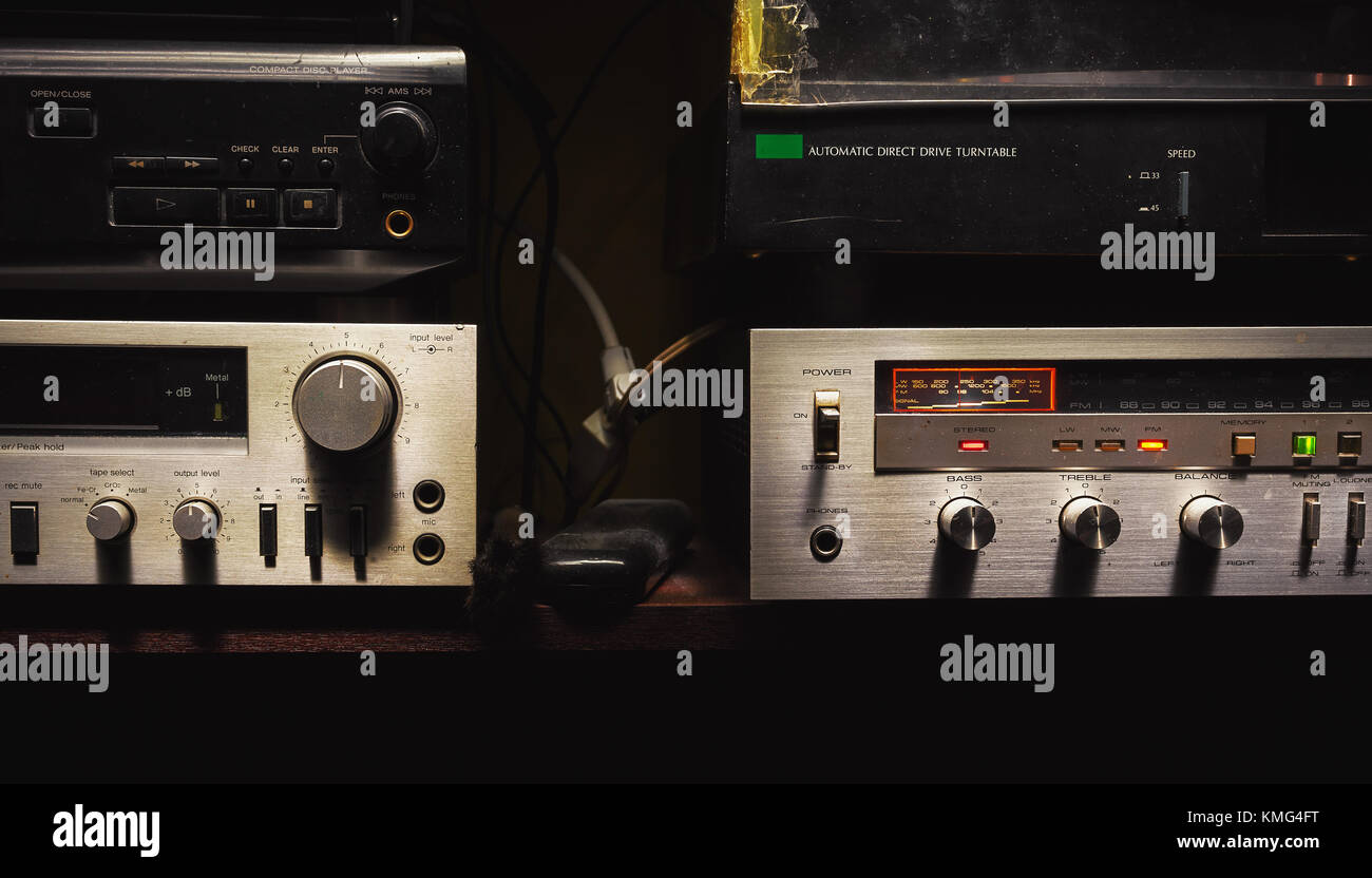 Radio tuner, CD player, gramophone and cassette deck Stock Photo Alamy