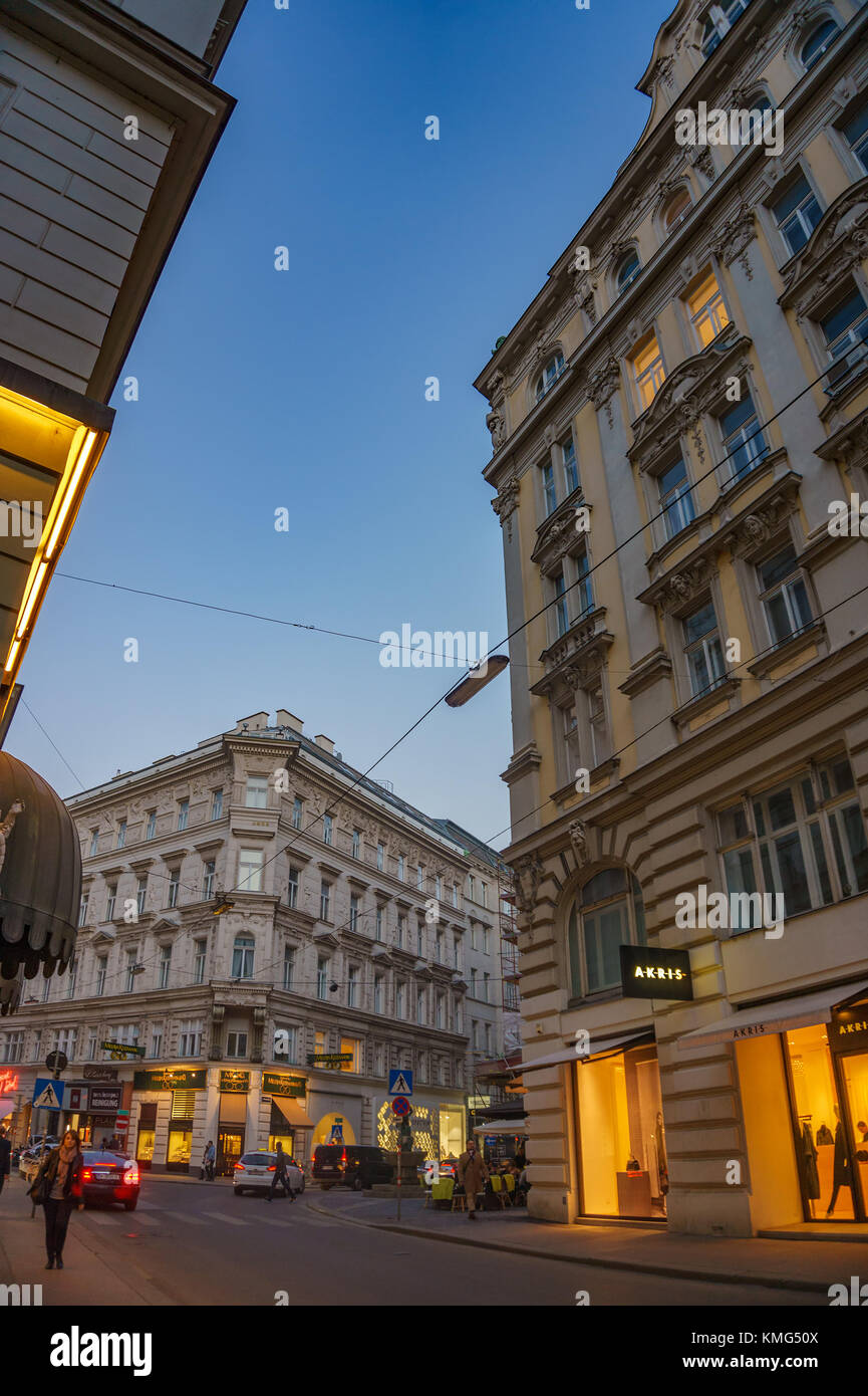 Beautiful decorated shops and illuminated store fronts near Grabenstrasse. Vienna, Austria, Europe Stock Photo