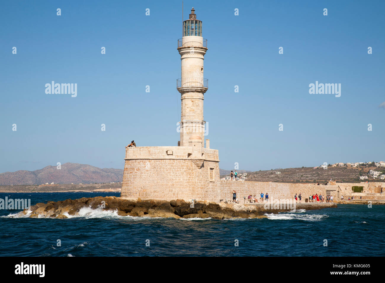 Old harbour, historical lighthouse, Hania, Crete island, Greece, Europe Stock Photo