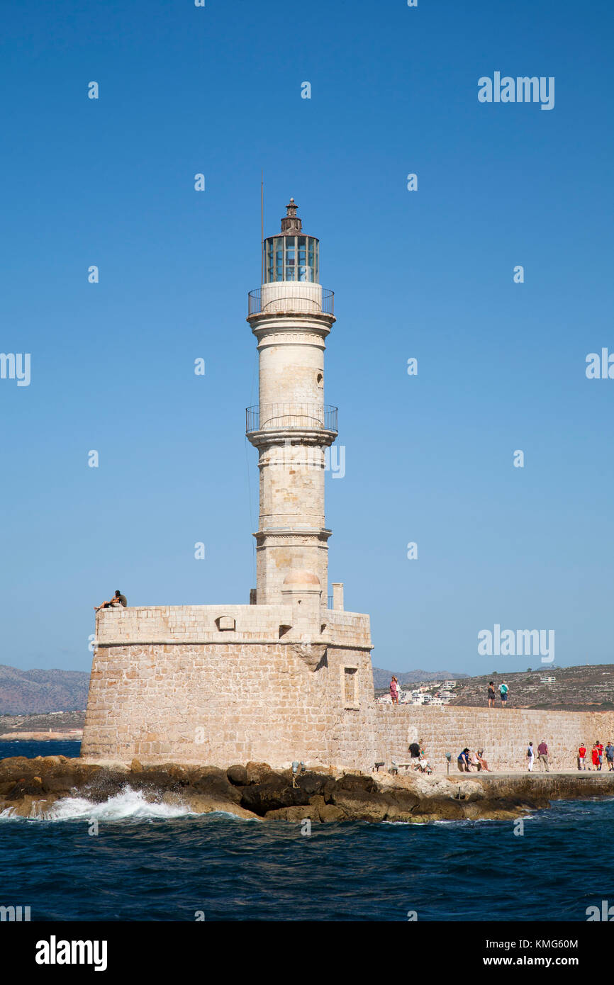 Old harbour, historical lighthouse, Hania, Crete island, Greece, Europe Stock Photo