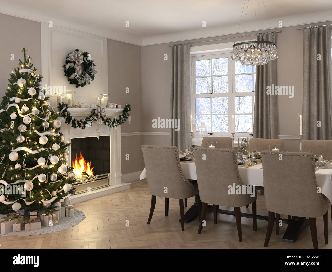 luxury dining room with christmas decoration by day. 3d rendering Stock Photo