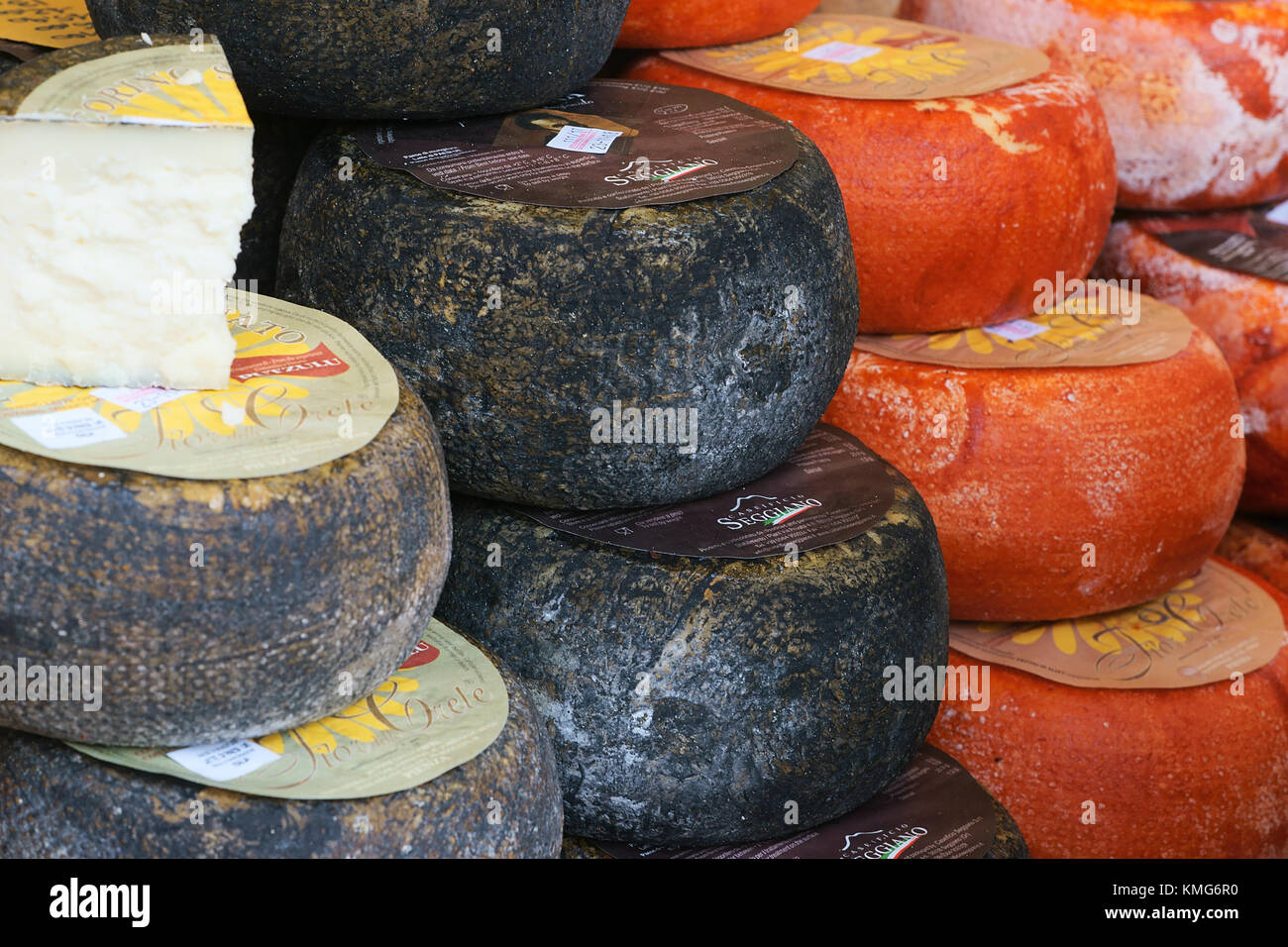 Italian aged cheese, Pecorino toscano in Siena, Italy Stock Photo