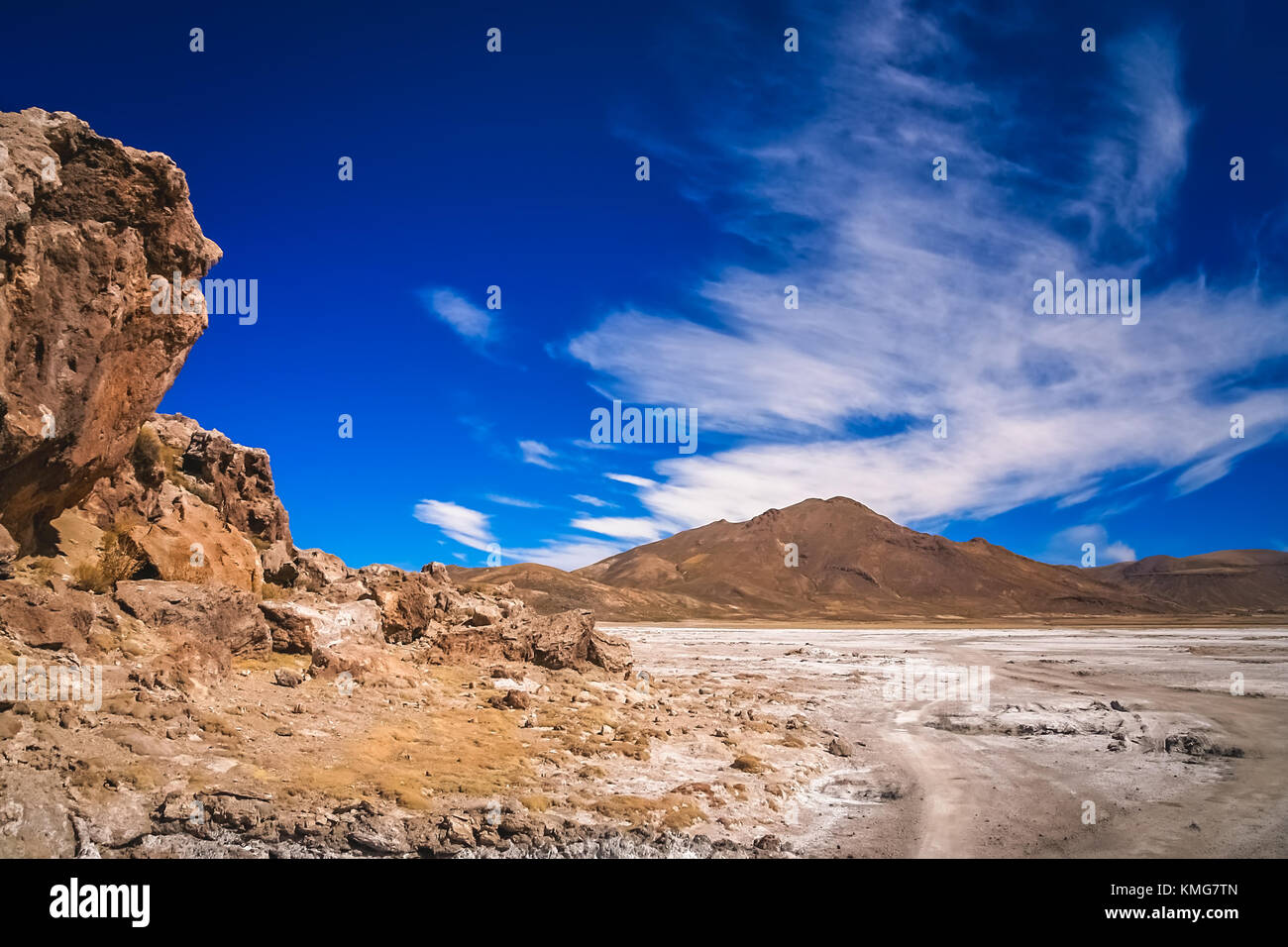 Dry land plain in the Altiplano mountains near Salar de Uyuni in summer