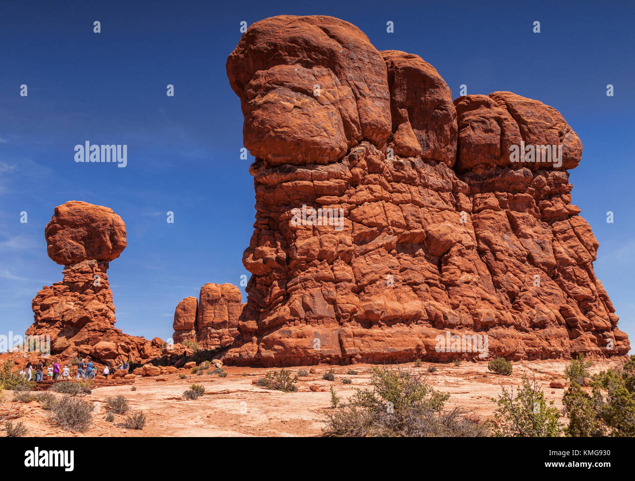 A group of tourists show the massive scale of the eroded sandstone formations in Arches National Park. Balanced Rock is on the left, and is 128ft (39m Stock Photo