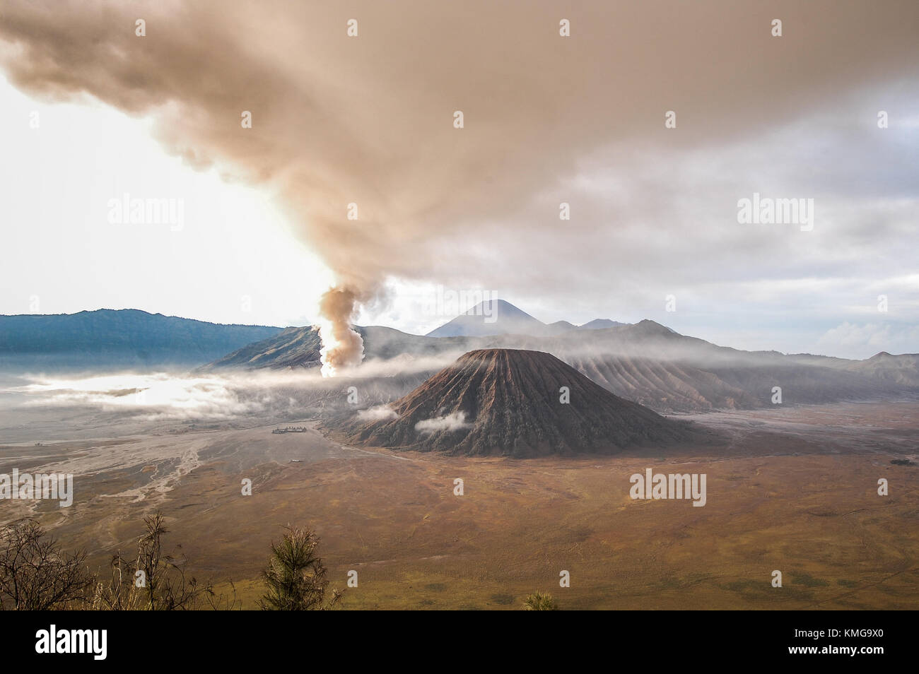 Volcanic ash from the eruption of mount Bromo covering the sky. Stock Photo