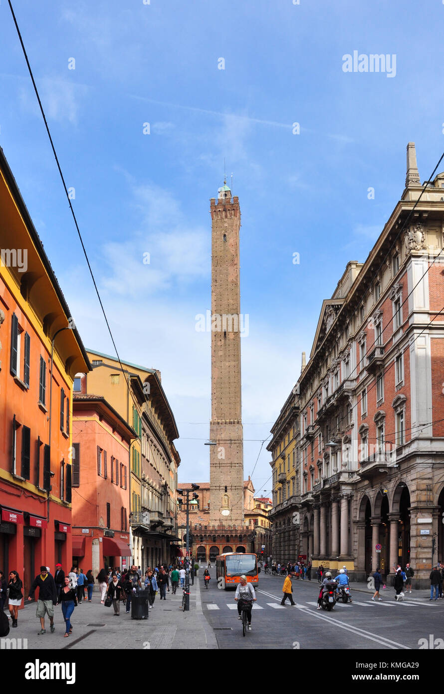Via Rizzoli with Asinelli Tower at the end, Bologna, Italy Stock Photo