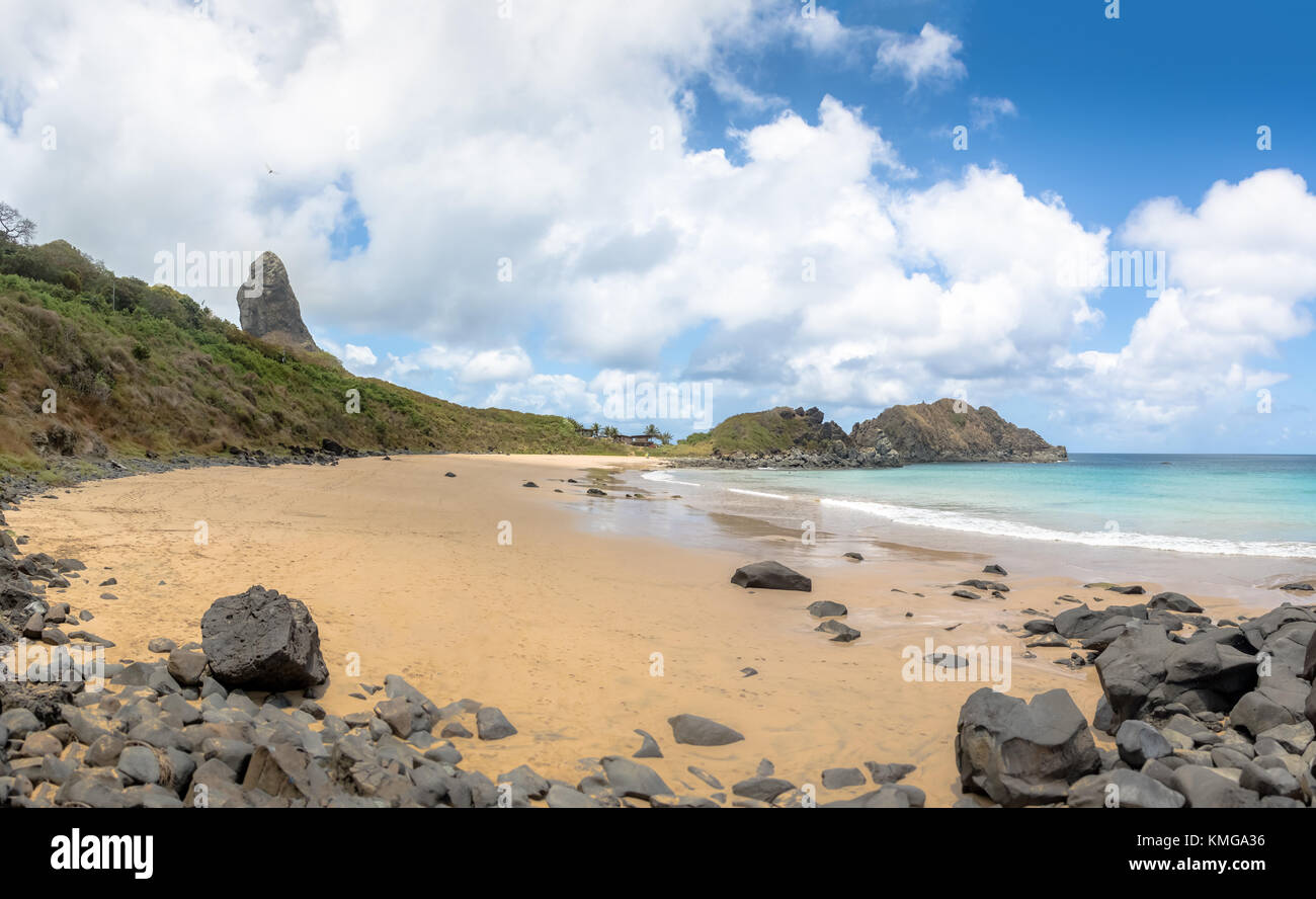 Praia do Meio Beach with Morro do Pico on background - Fernando de Noronha, Pernambuco, Brazil Stock Photo