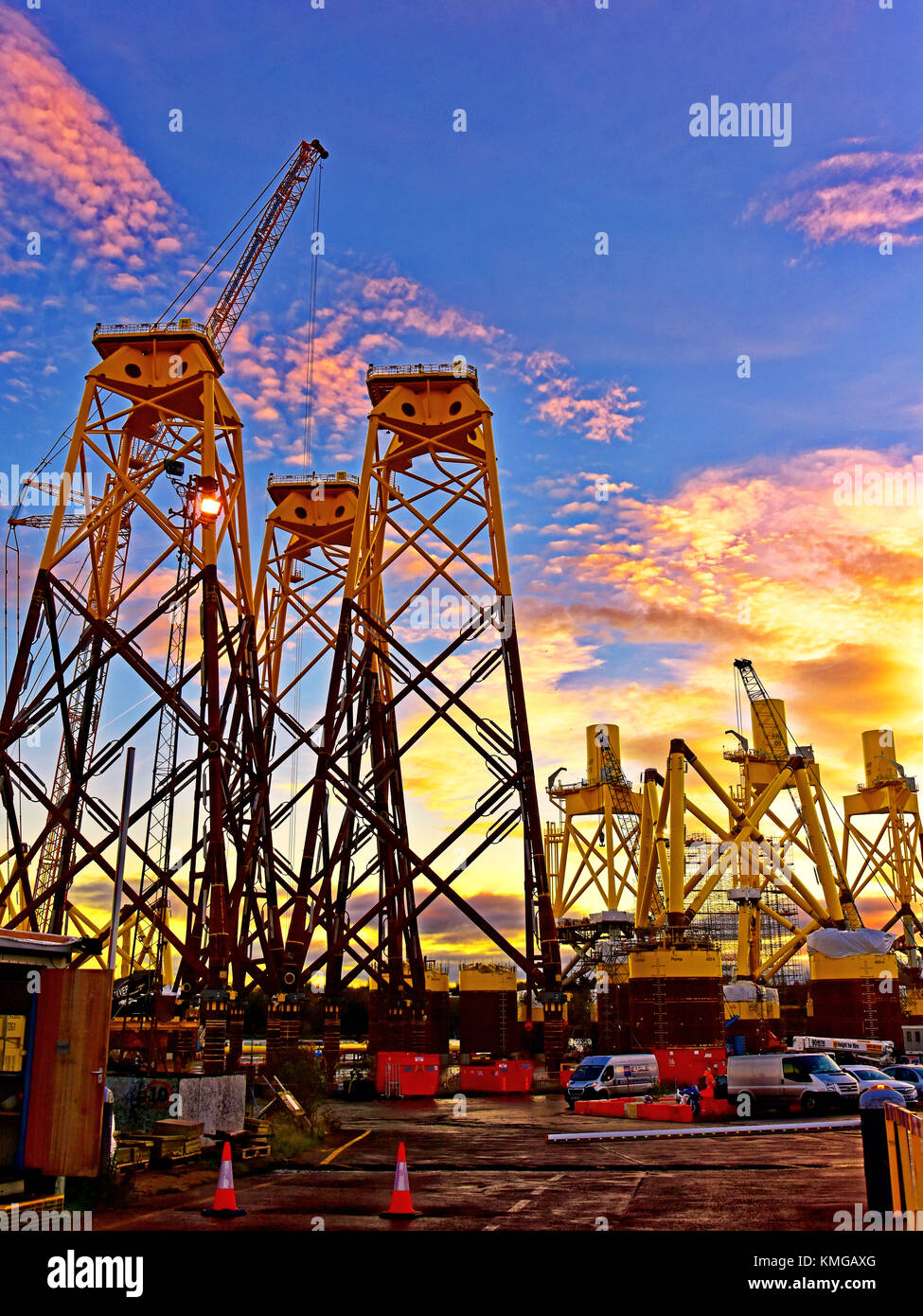 AMEC windfarm yard Howdon Engineering OWDC building suction bucket foundations Stock Photo