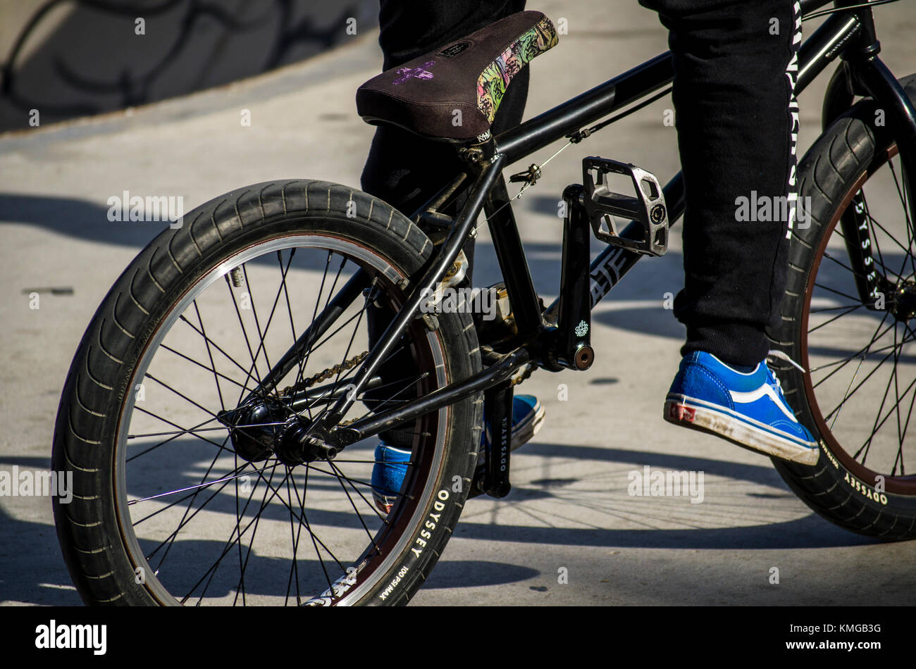 Detail of Bmx bike at skate park, during freestyle competition, Fuengirola, Spain. Stock Photo
