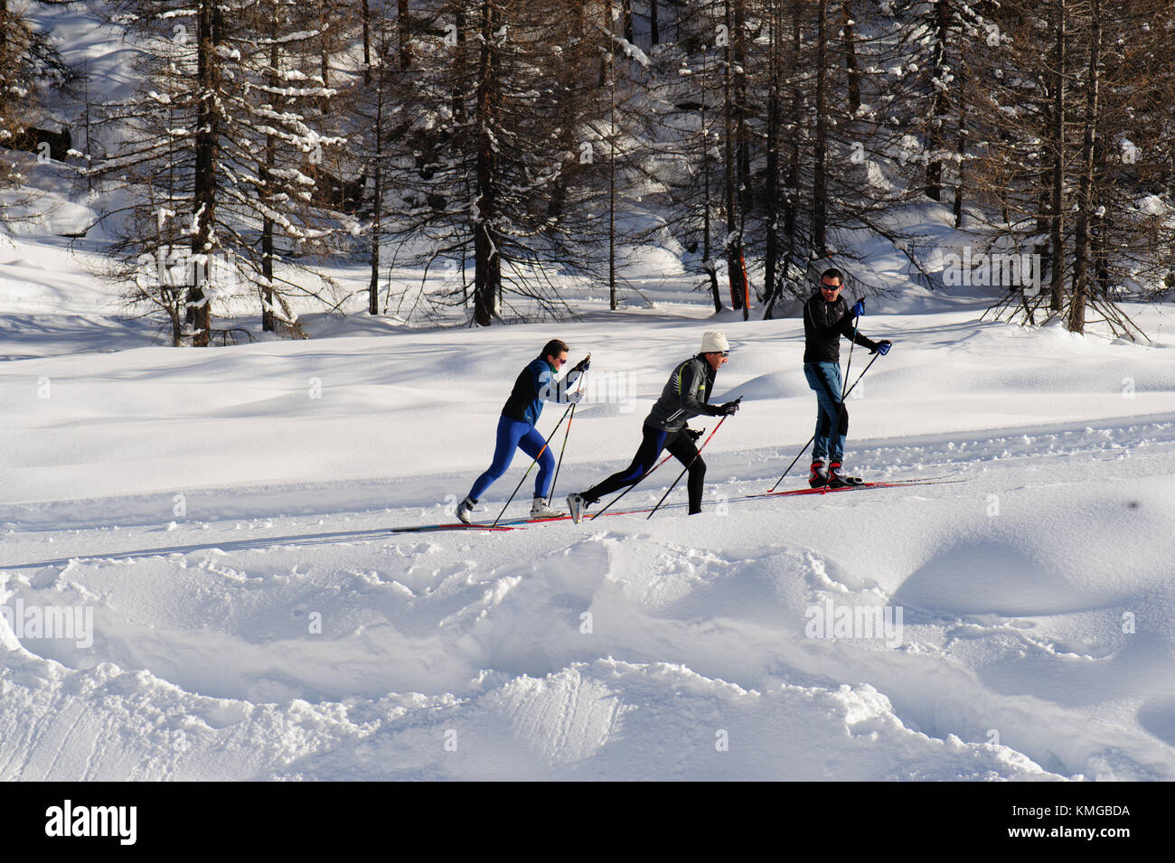 Ski instructor teaching. Pont, Valsavarenche. Aosta, Valle d'Aosta. Italy. Stock Photo