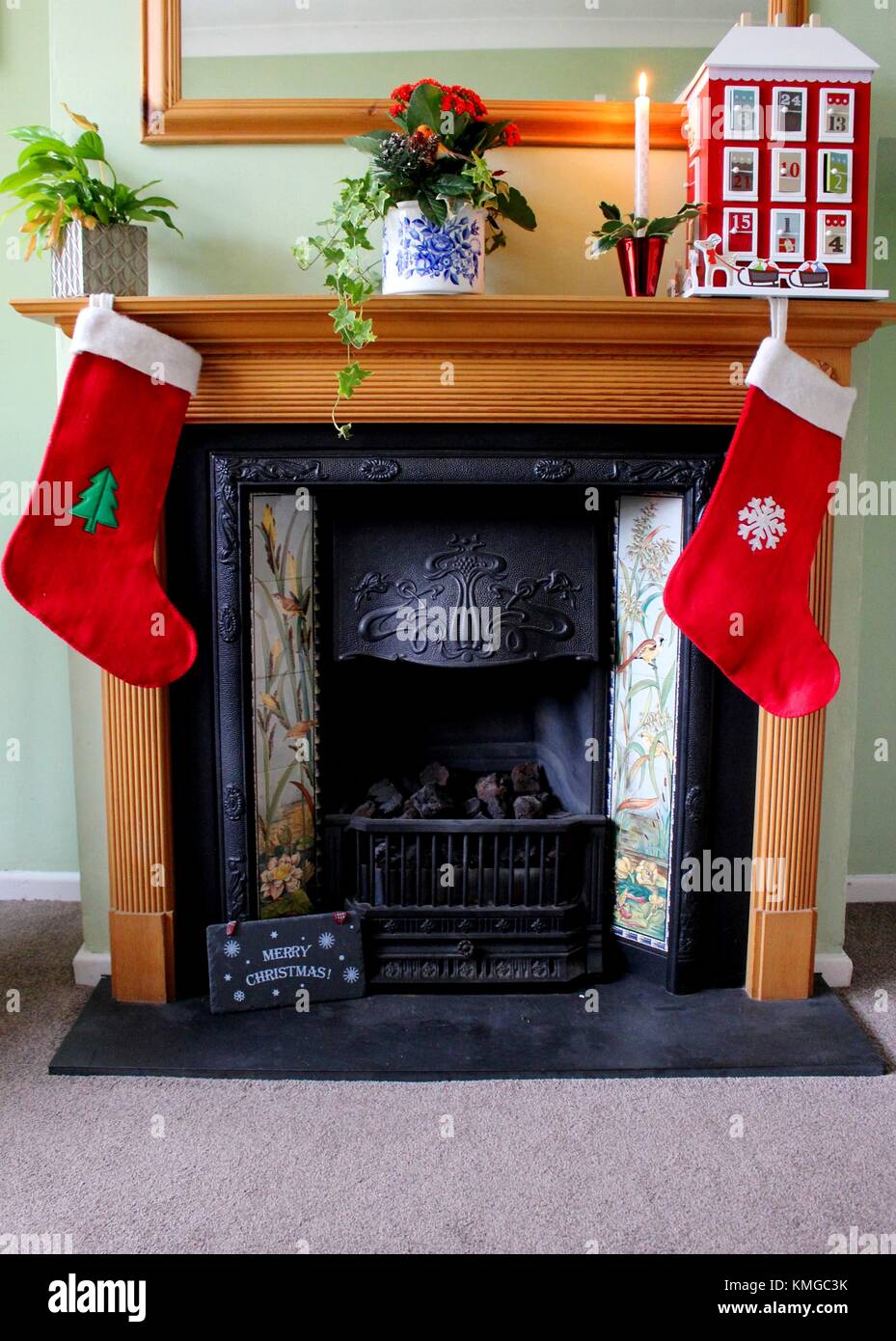 A Christmas fireplace. Stock Photo