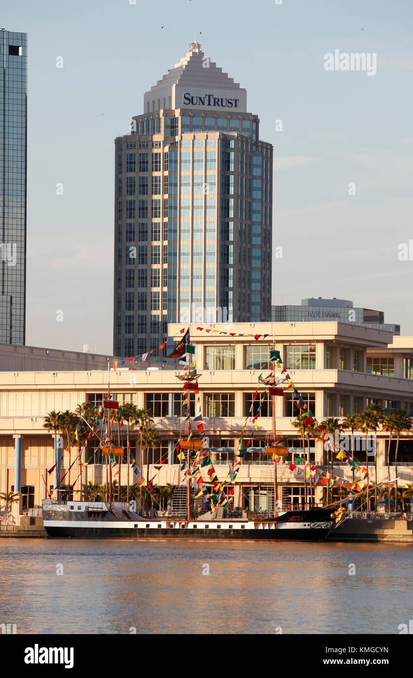 A Gasparilla pirate ship is docked along the Tampa waterfront following the city's annual Gasparilla Pirate Invasion. Stock Photo
