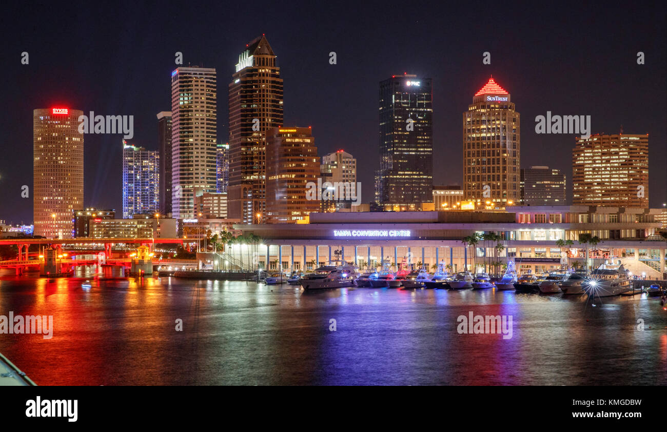 JANUARY 8, 2017: The skyline of Tampa, Florida illuminated at night. Stock Photo