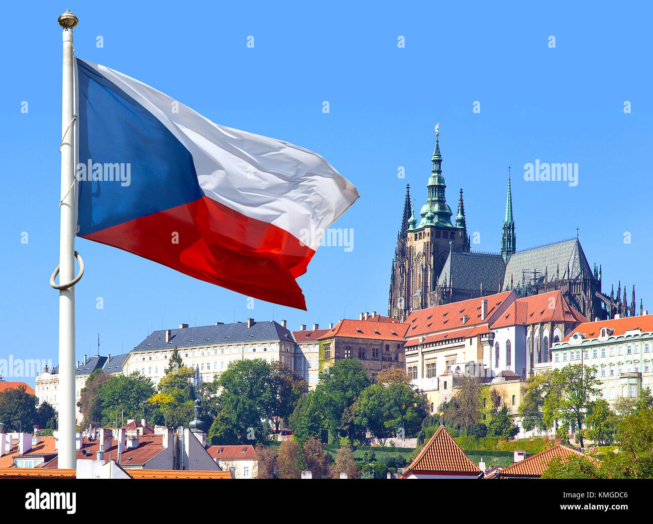 Flag, Prague castle and Lesser town, Prague (UNESCO), Czech republic in spring Stock Photo