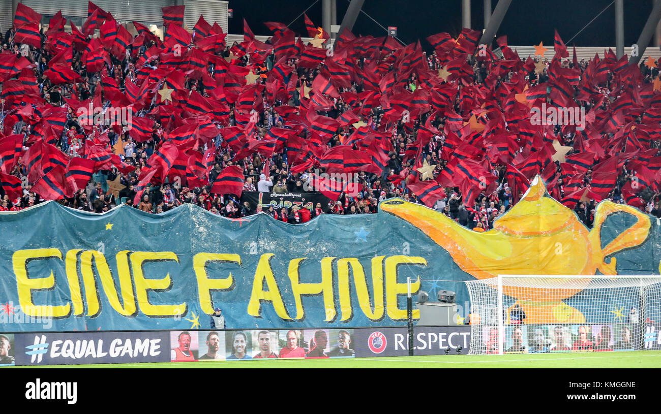 Leipzig, Germany. 06th Dec, 2017. Leipzig's fans perform a choreography 'Tausend und eine Fahne für dich' (lit. 'One thousand and one flags for you') before the Champions League soccer match between RB Leipzig and Besiktas Istanbul in the Red Bull Arena in Leipzig, Germany, 06 December 2017. Credit: Jan Woitas/dpa-Zentralbild/dpa/Alamy Live News Stock Photo