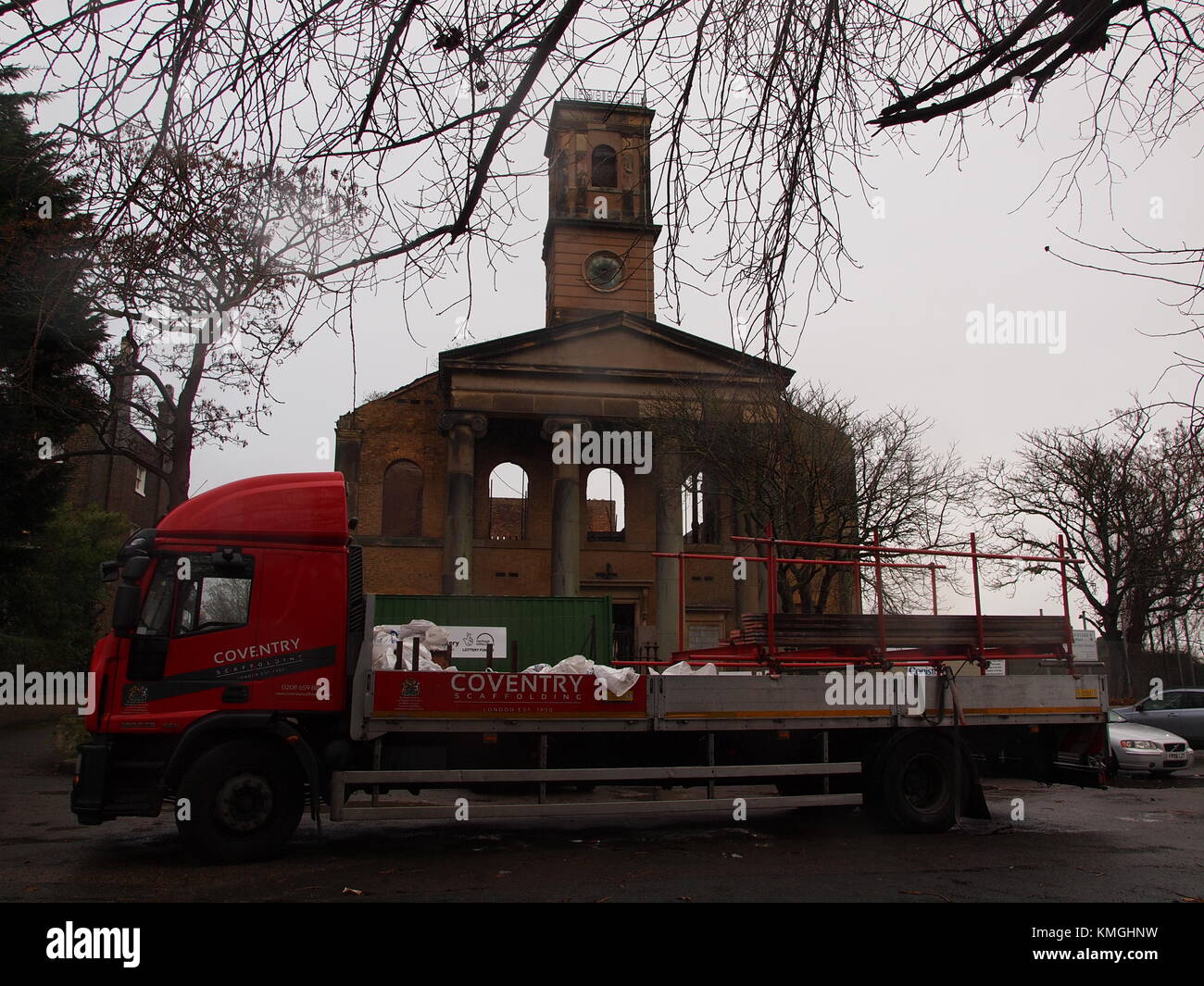 Sheerness, Kent, UK. 7th Dec, 2017. Sheerness Dockyard Church: emergency restoration work has started on this  groundbreaking Heritage Lottery Fund project with additional grants from Historic England. Sheerness Dockyard Trust (whose chairman is Will Palin, son of Michael Palin) aims to repair and transform the church, which stands at the entrance to the former Royal Dockyard on the Isle of Sheppey. The church was badly damaged by fire in 2001 - it's an architectural masterpiece and one of the most important buildings at risk in the South East. Credit: James Bell/Alamy Live News Stock Photo