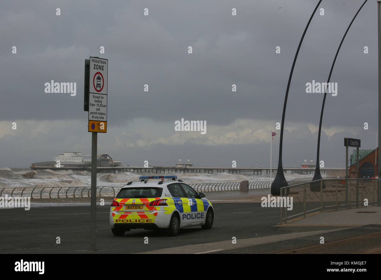 Blackpool, UK. 07th Dec, 2017. A police vehicle parked in the pedestrian area on the sea front as storms brings a high tide, Blackpool, Lancashire,7th December, 2017 (C)Barbara Cook/Alamy Live News Credit: Barbara Cook/Alamy Live News Stock Photo