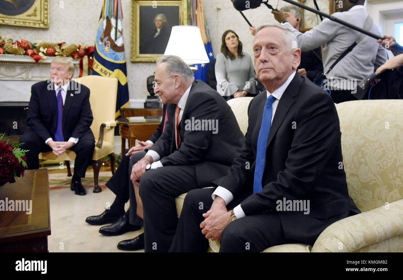 United States Secretary Secretary of Defense Jim Mattis looks on during a meeting between U.S. President Donald Trump and Congressional leadership in the Oval Office of the White House, December 7, 2017 in Washington, DC. Credit: MediaPunch Inc/Alamy Live News Stock Photo