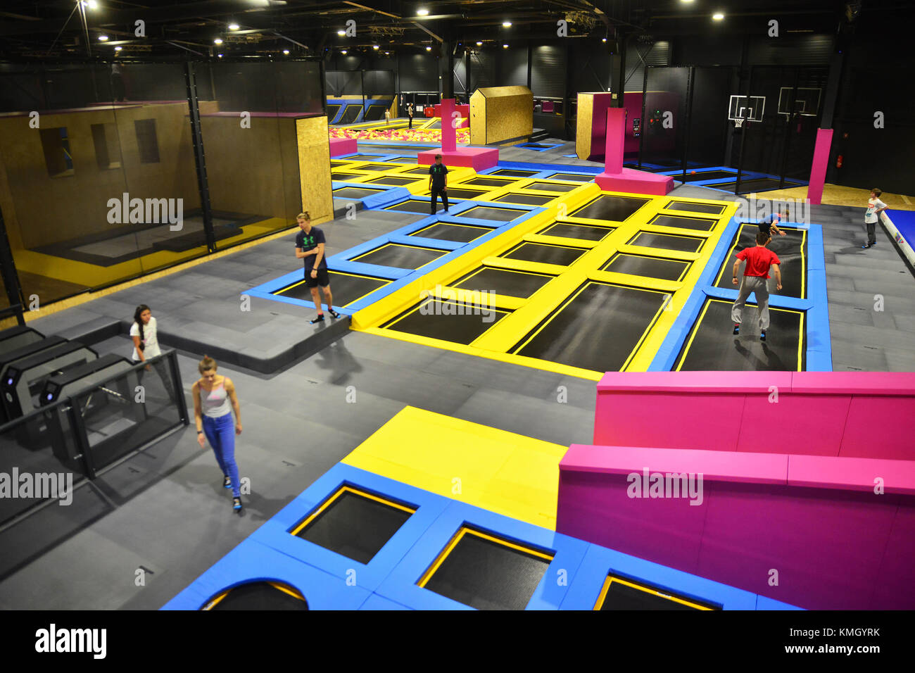 Ljubljana. 7th Dec, 2017. Photo taken on Dec. 7, 2017 shows a view of WOOP  Trampoline Park in Ljubljana, Slovenia. Covering an area of 3,500 square  meters, the Park has more than