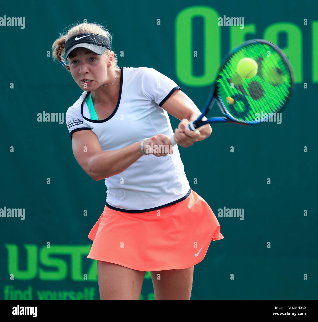 Plantation, Florida, USA. 07th Dec, 2017. Oona ORPANA (FIN) plays in the  2017 Orange Bowl International Tennis Championship elimination rounds of  Girls18s and under, played at the Frank Veltri Tennis Center in