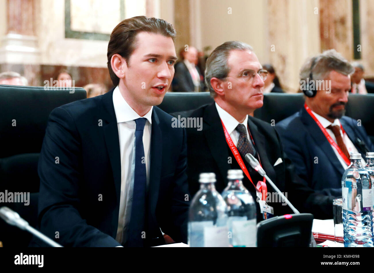 Vienna, Austria. 7th Dec, 2017. Austrian Foreign Minister Sebastian Kurz (1st L), who is also Chairperson-in-Office of the Organization for Security and Co-operation in Europe (OSCE), speaks at the OSCE's 24th Ministerial Council in Vienna, Austria, Dec. 7, 2017. Credit: Pan Xu/Xinhua/Alamy Live News Stock Photo