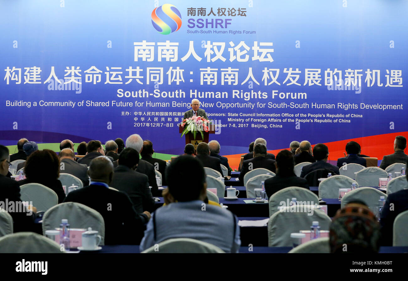 Beijing, China. 8th Dec, 2017. Jorge Valero, permanent representative of Venezuela to the United Nations Office at Geneva and other international organizations in Switzerland, speaks at plenary presentations of the South-South Human Rights Forum in Beijing, capital of China, Dec. 8, 2017. Credit: Xing Guangli/Xinhua/Alamy Live News Stock Photo