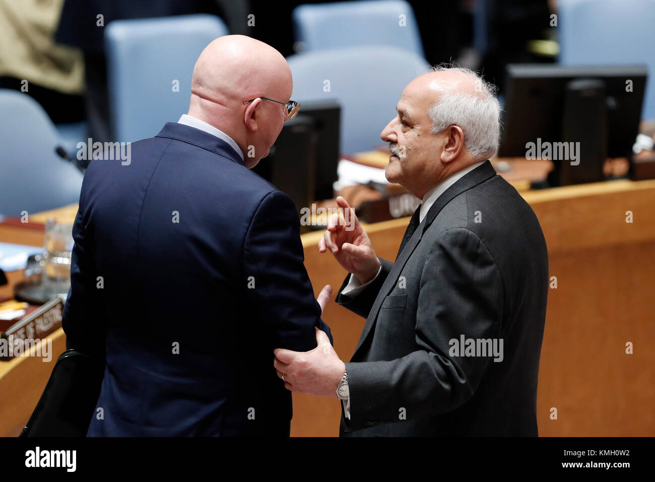 United Nations. 8th Dec, 2017. Palestinian permanent observer to the United Nations Riyad Mansour (R)speaks with Russian ambassador to the UN Vassily Nebenzia prior to the UN Security Council emergency meeting on Jerusalem at the UN headquarters in New York, on Dec. 8, 2017. Credit: Li Muzi/Xinhua/Alamy Live News Stock Photo