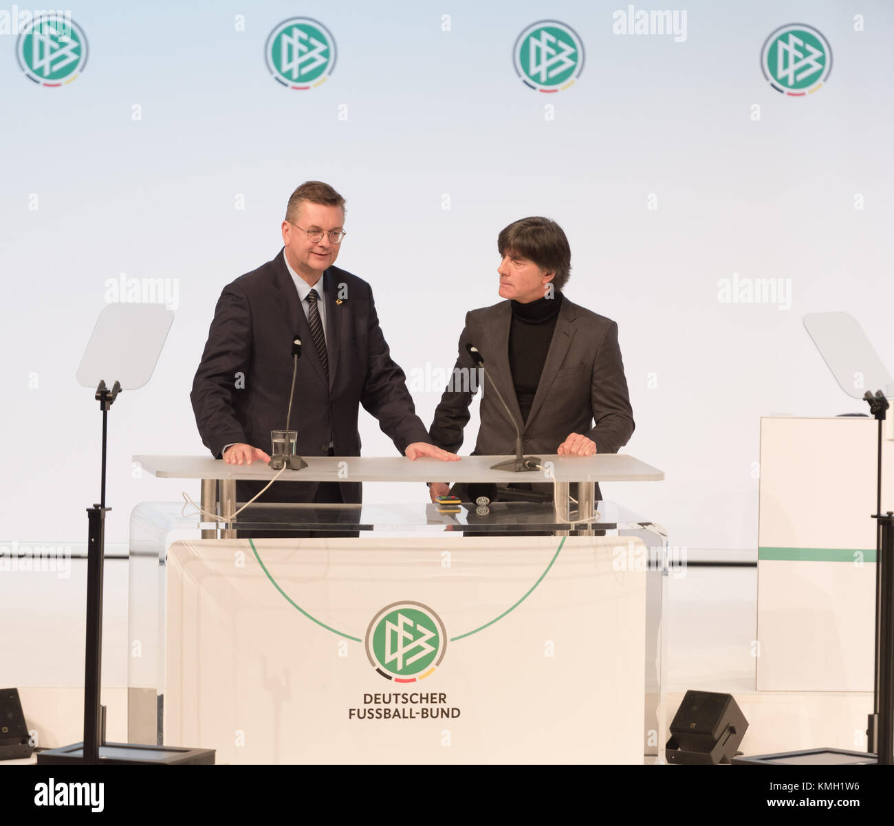 Frankfurt, Germany. 8th December, 2017. Extraordinay DFB Bundestag, Congress Center  . In the Picture: German National Team Head Coach Joachim Loew and DFB President Reinhard Grindel speaks to the audience. Photo by Ulrich Roth / ulrich-roth.com/Alamy Live News Stock Photo