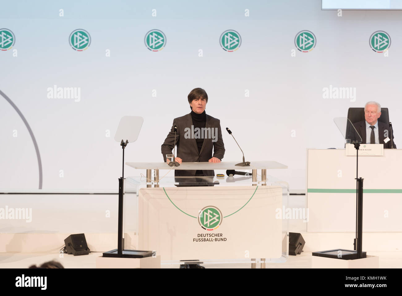 Frankfurt, Germany. 8th December, 2017. Extraordinay DFB Bundestag, Congress Center  . In the Picture: German National Team Head Coach Joachim Loew speaks to the audience. Photo by Ulrich Roth / ulrich-roth.com/Alamy Live News Stock Photo