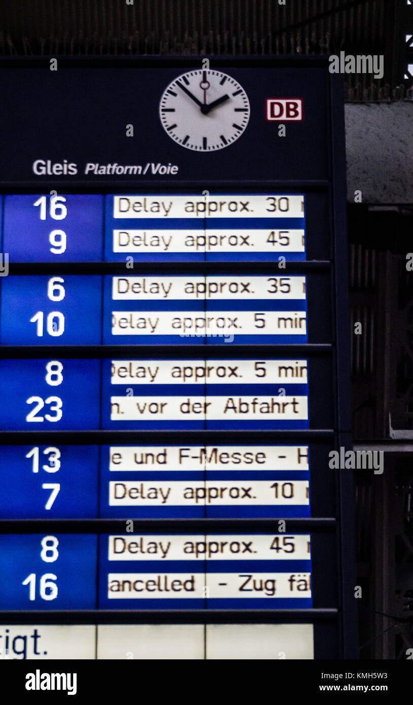 Frankfurt/Main, Germany - 10 Dec 2017: The train departure schedule at Frankfurt main station shows massive delays and many train cancellations. The onset of winter with heavy snowfall even down to the lowlands of Germany caused massive delays to European intercity train traffic. Some trains reached their final destination only with a delay of several hours and left hundreds of travellers strandred in transit. Credit: Erik Tham / Alamy Live News Stock Photo