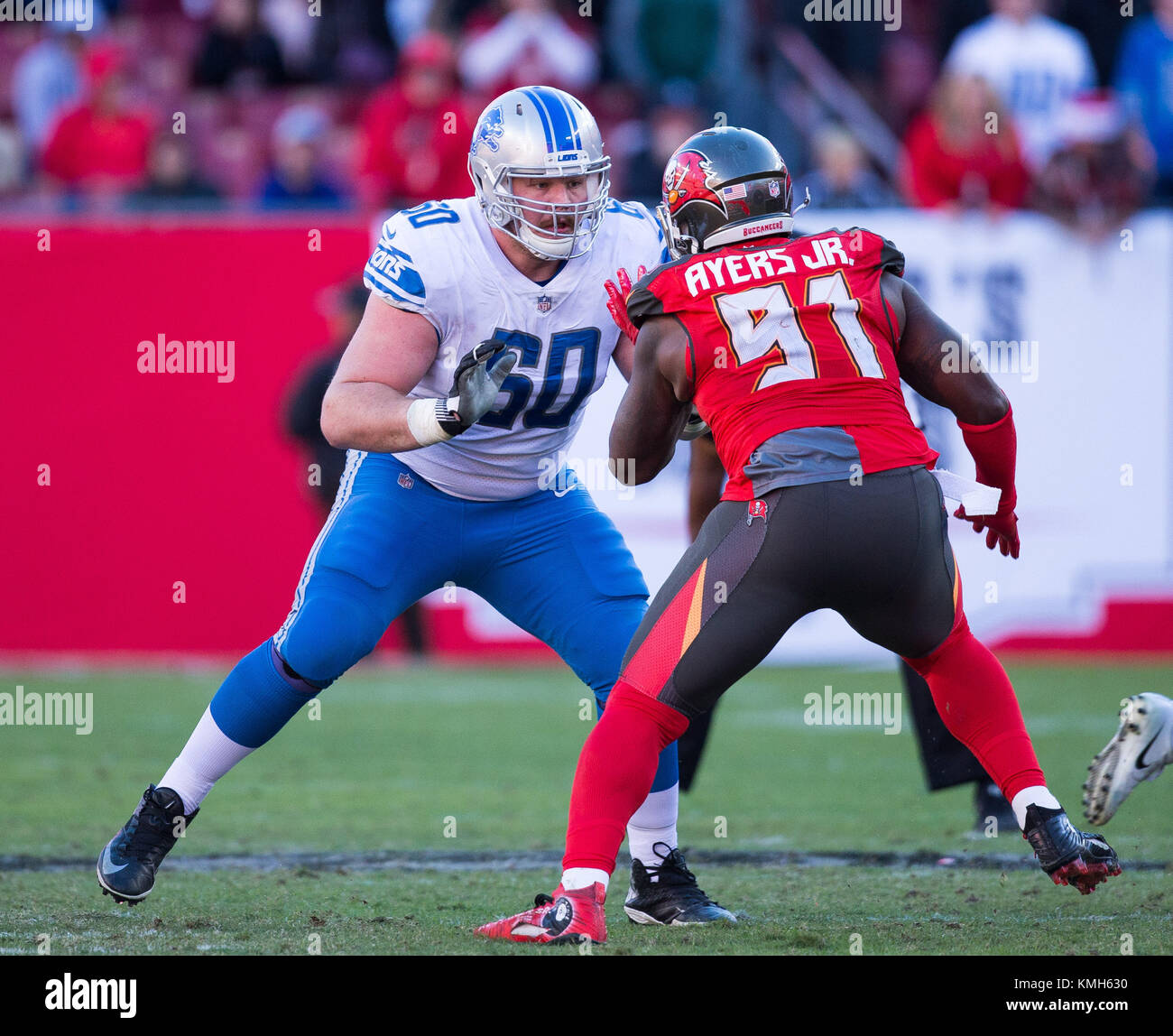 December 10, 2017 - Detroit Lions offensive guard Graham Glasgow (60) and Tampa Bay Buccaneers defensive end Robert Ayers (91) in action in the game between the Detroit Lions and the Tampa Bay Buccaneers at Raymond James Stadium in Tampa, Florida. Del Mecum/CSM Stock Photo
