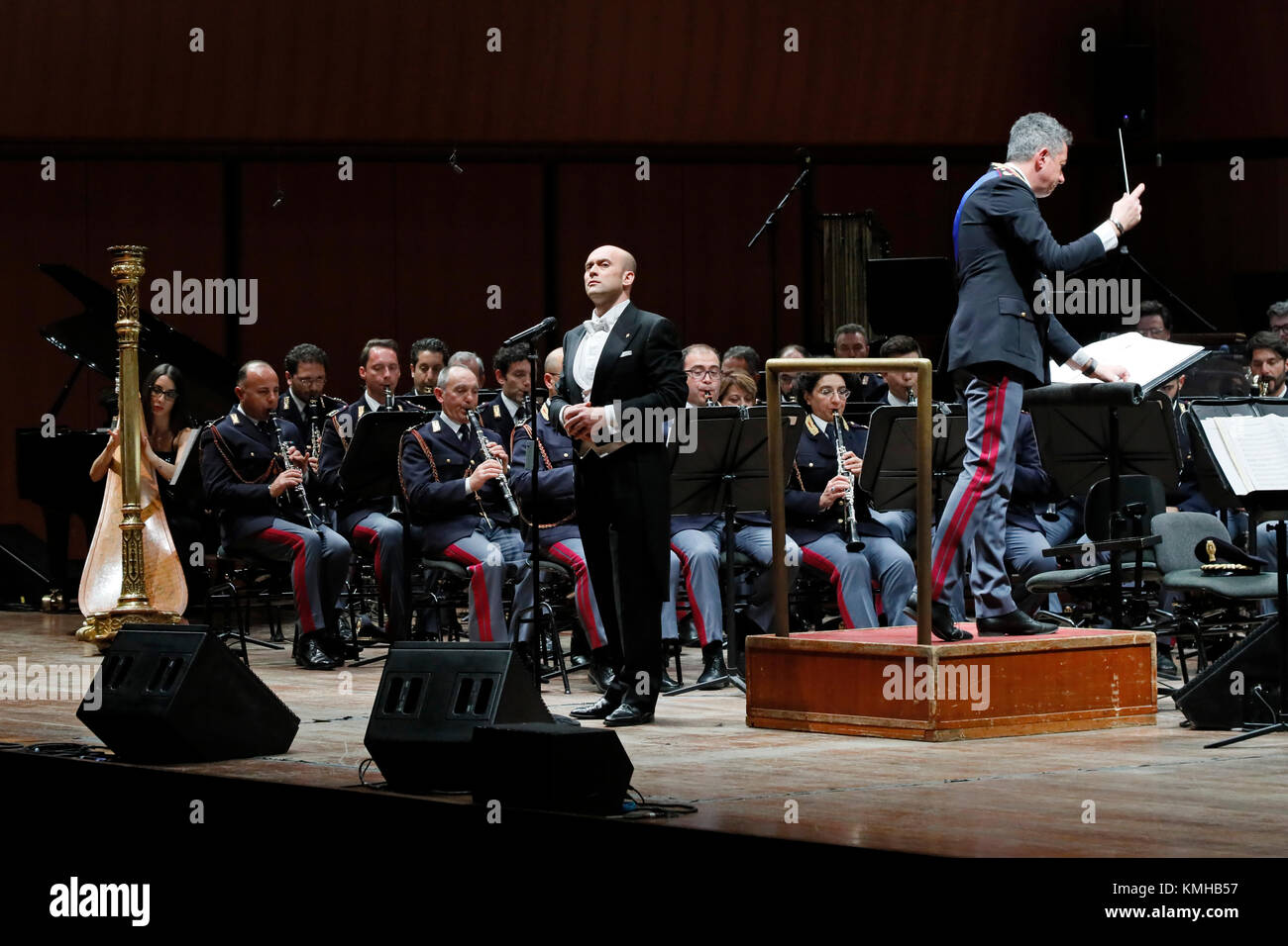 Rome, Italy - 11 December 2017: the tenor Aldo Caputo performs on the stage of the Auditorium Parco della Musica, on the occasion of the concert of the National Police Band, 'Be there always, with music and words'. Stock Photo
